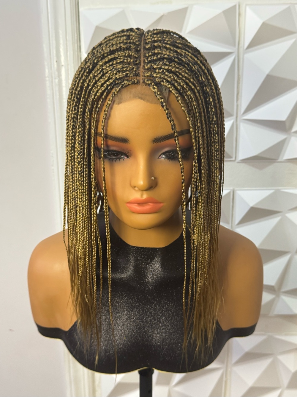 Handmade Honey Blonde Braided Wig – 14 Inch Feathered Braids, Glueless 2x6 Lace